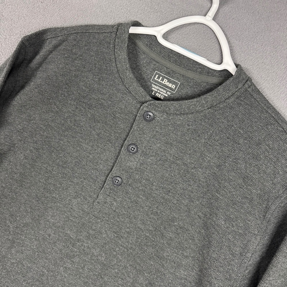LL Bean Henley Shirt Mens Large Gray Casual Waffle Knit Traditional Long Sleeve